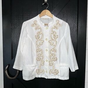 Chico’s 100% Linen Lightweight Boho Beaded Blazer Button Front Jacket Size 2 (L)